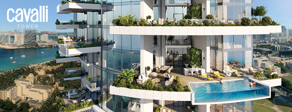 Phối cảnh dự án bất động sản hàng hiệu non-hotelier: tòa nhà chọc trời do nhà mốt hàng đầu Italy – Cavalli – phối hợp triển khai tại Dubai Marina.